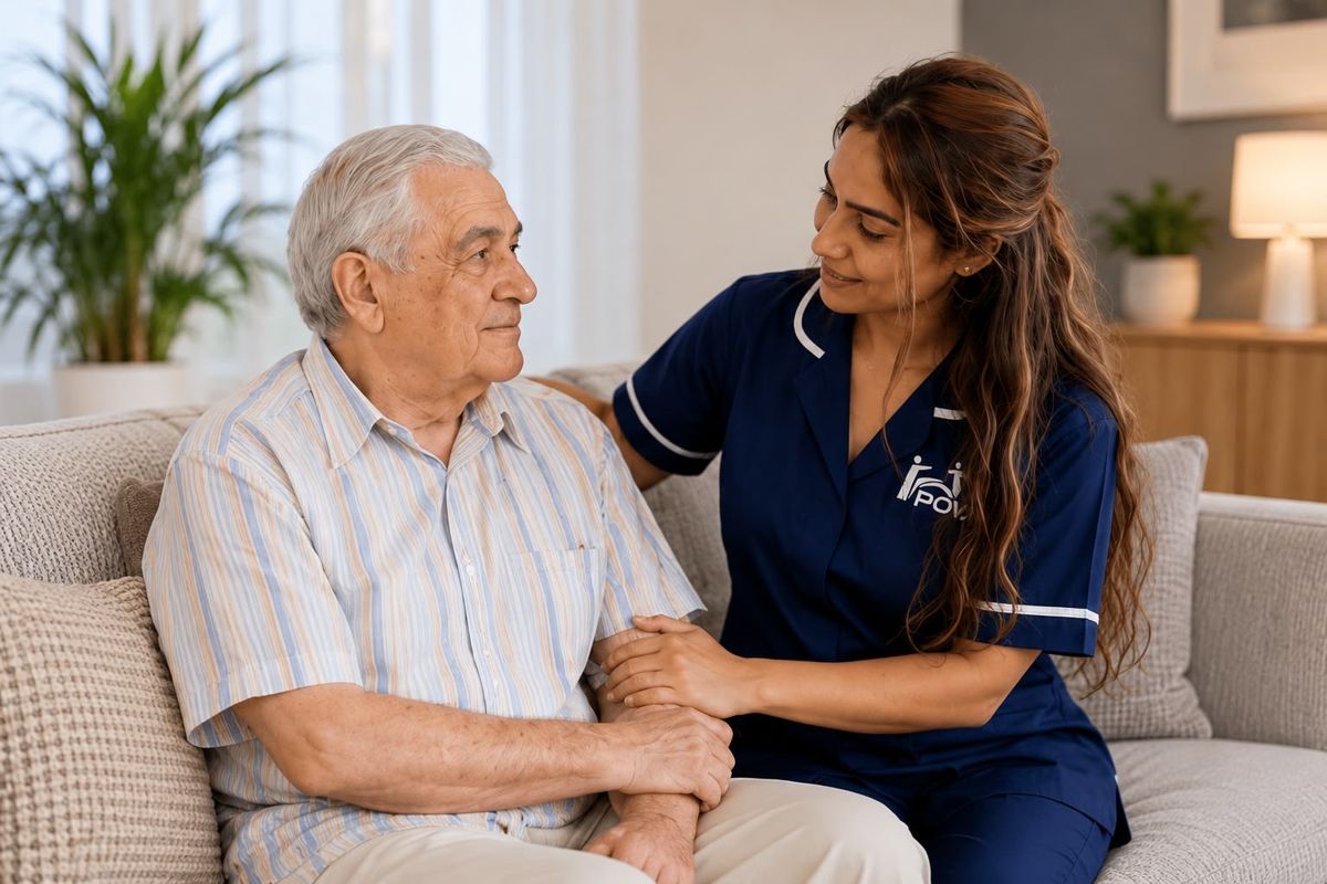 A POVA Care carer sitting with an older man, holding his hand