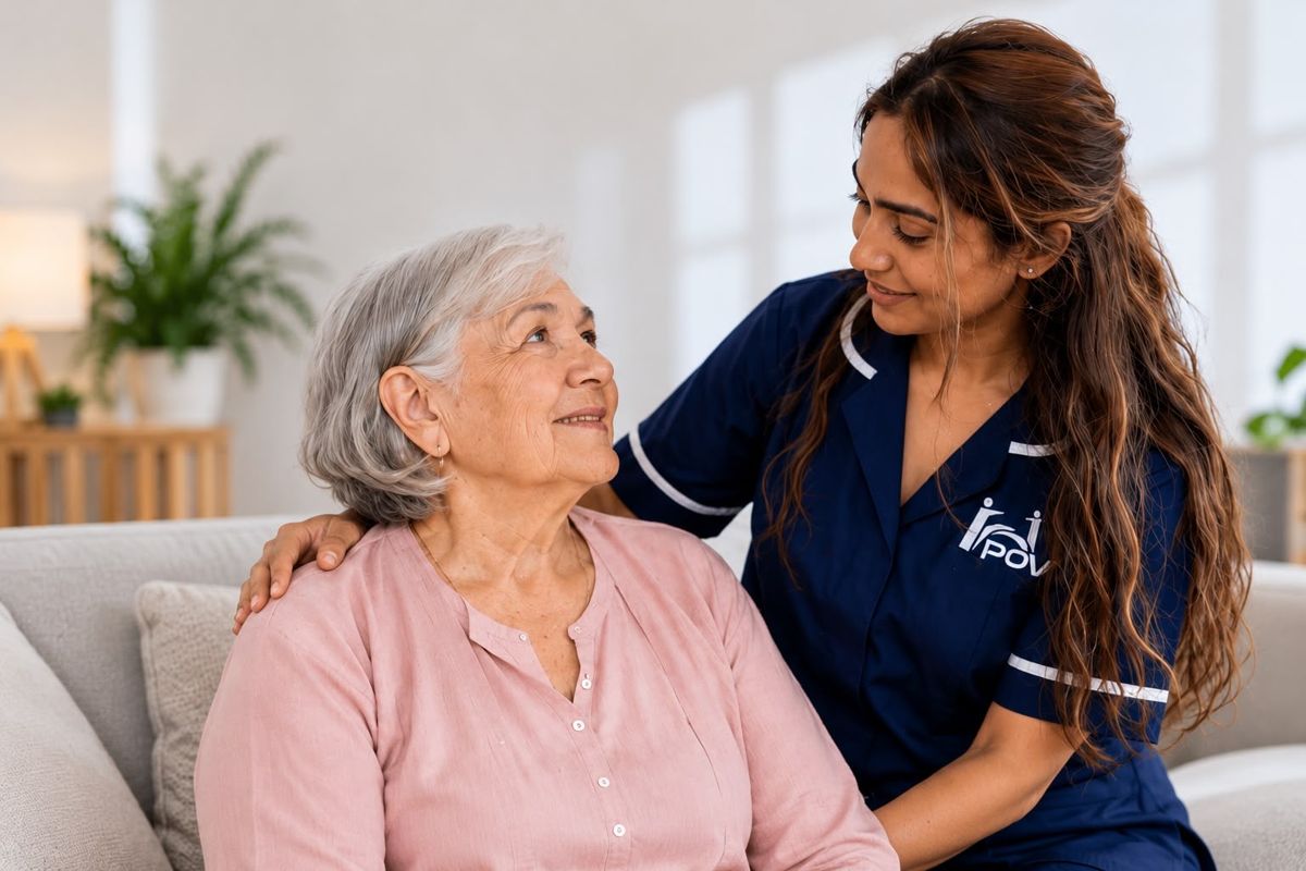 A POVA Care carer with her hand on an older woman's shoulder